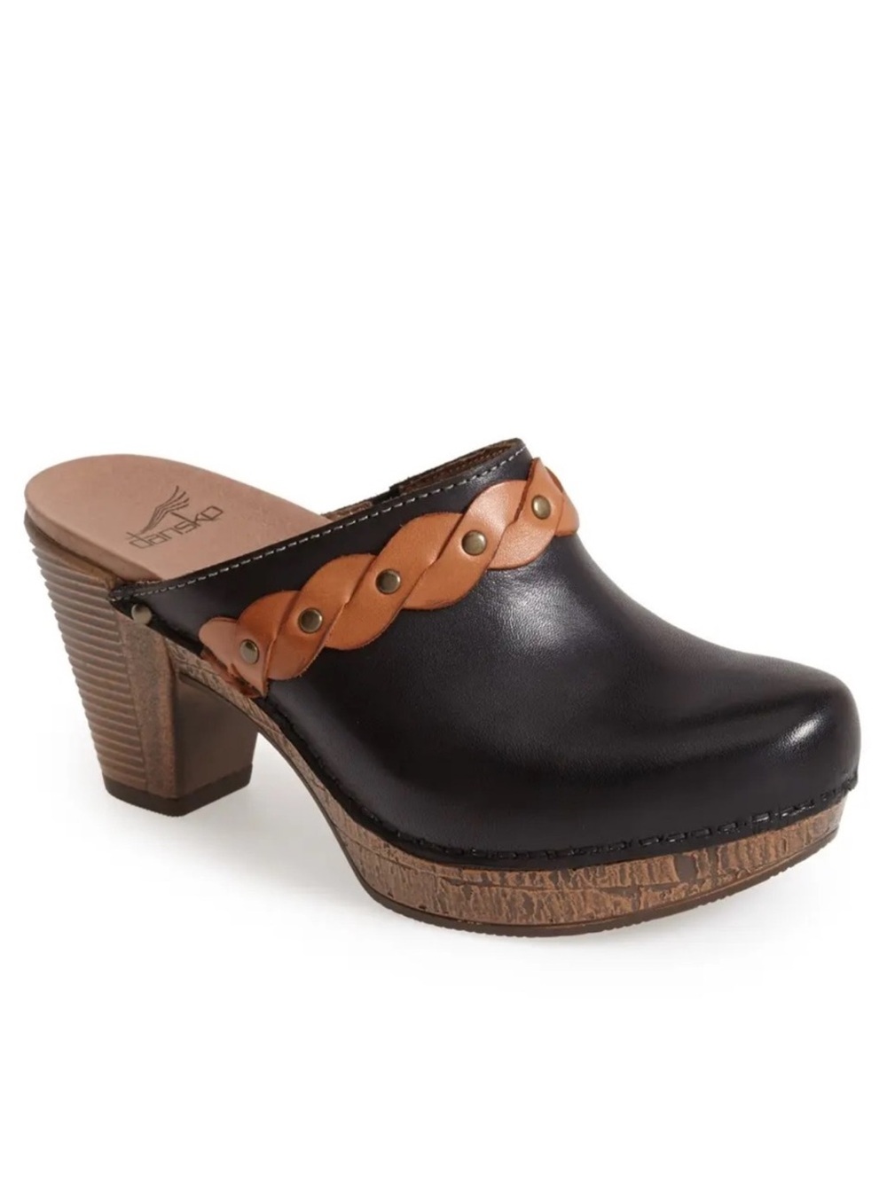 Dansko Ranch Clog Mule Slip-On Heeled Black with Studded Braided Brown Strap 41